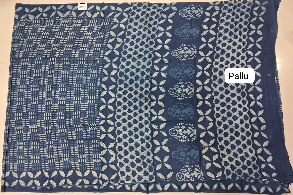 Elegant Indigo Soft Cotton Saree pallu