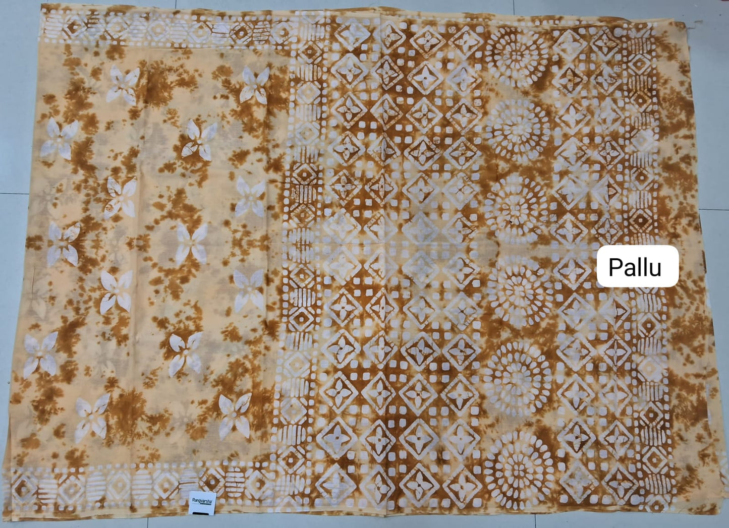 Light peach and Brown shibori printed Soft Cotton Saree pallu
