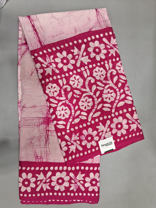 White and pink shibori printed soft cotton saree