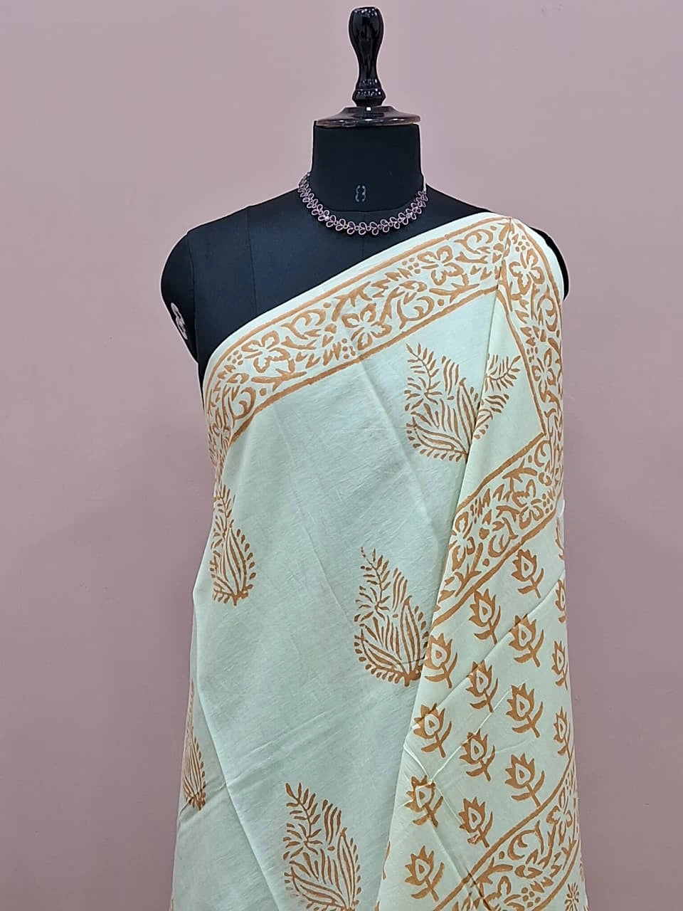 Pista Green Soft Cotton Saree with Orange Flower Print 1