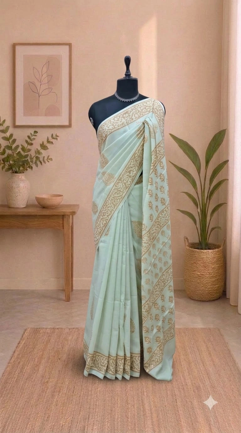 Pista Green Soft Cotton Saree with Orange Flower Print