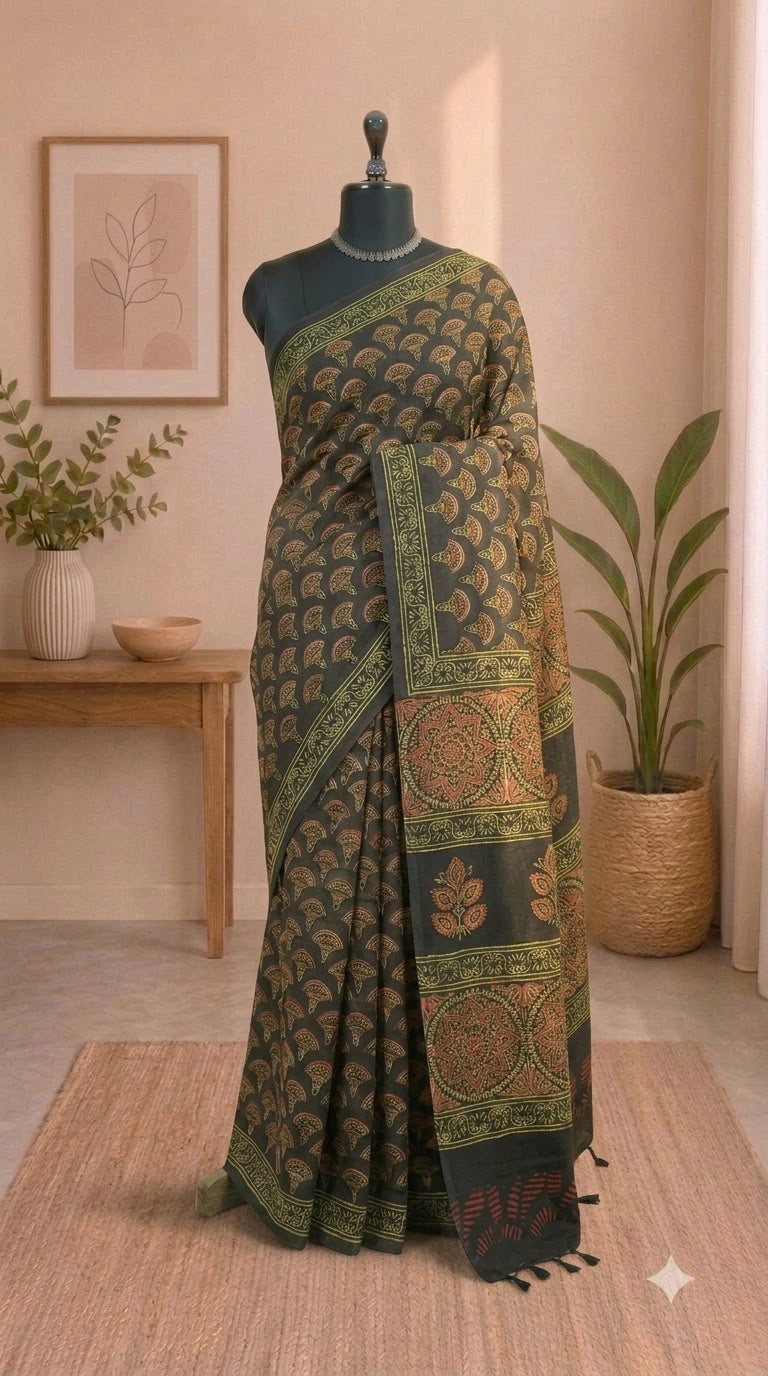 Bottle Green Soft Cotton Saree