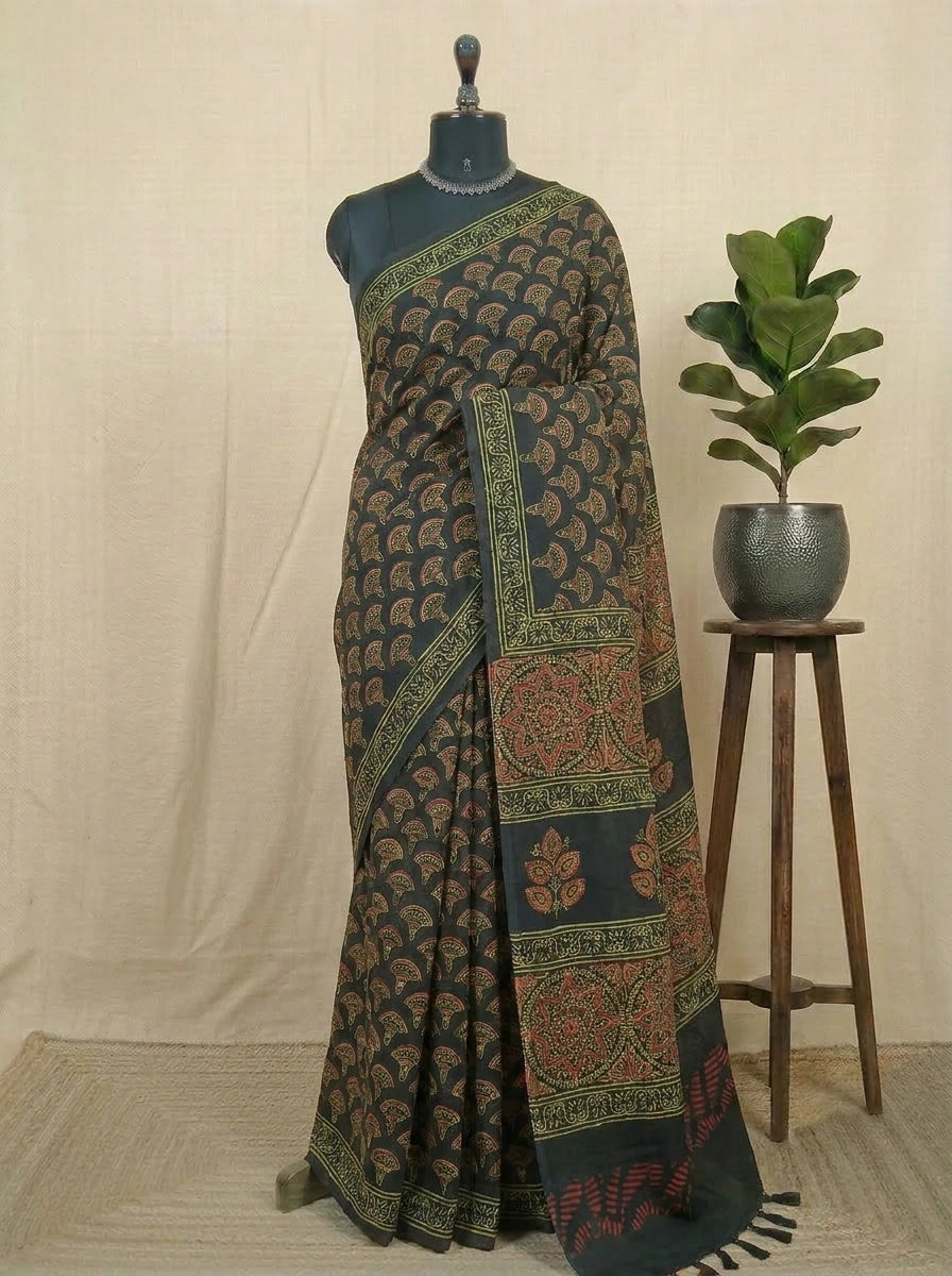 Bottle Green Soft Cotton Saree