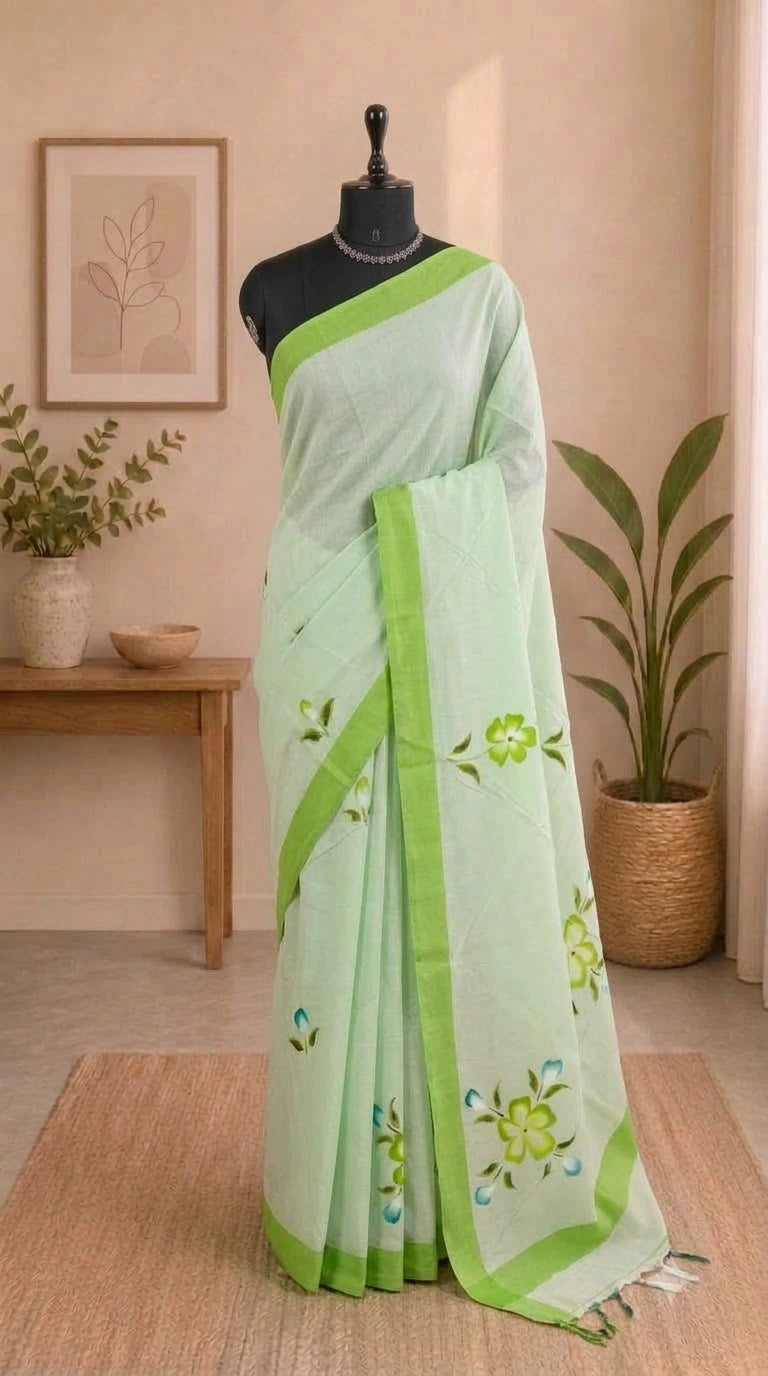 Pure Pista Green Soft Cotton Saree