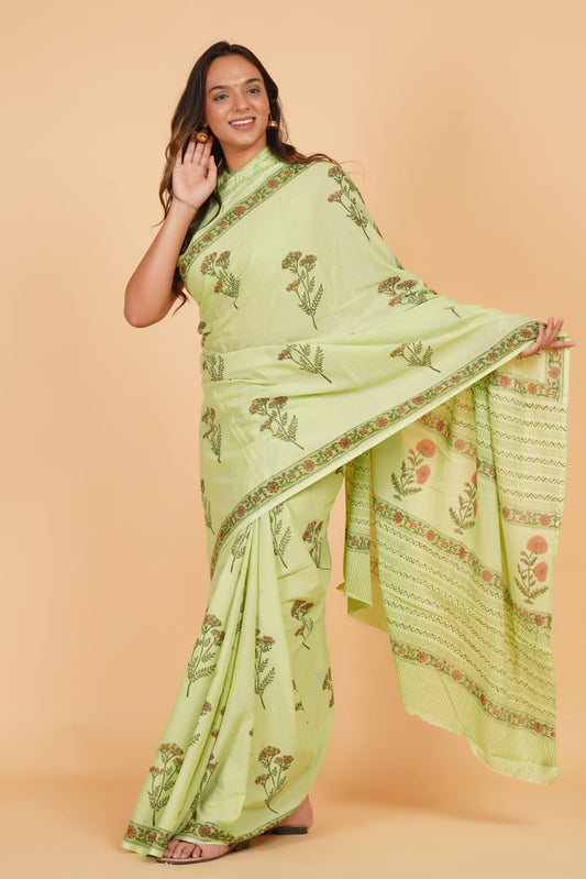 Pista Green Soft Cotton Saree