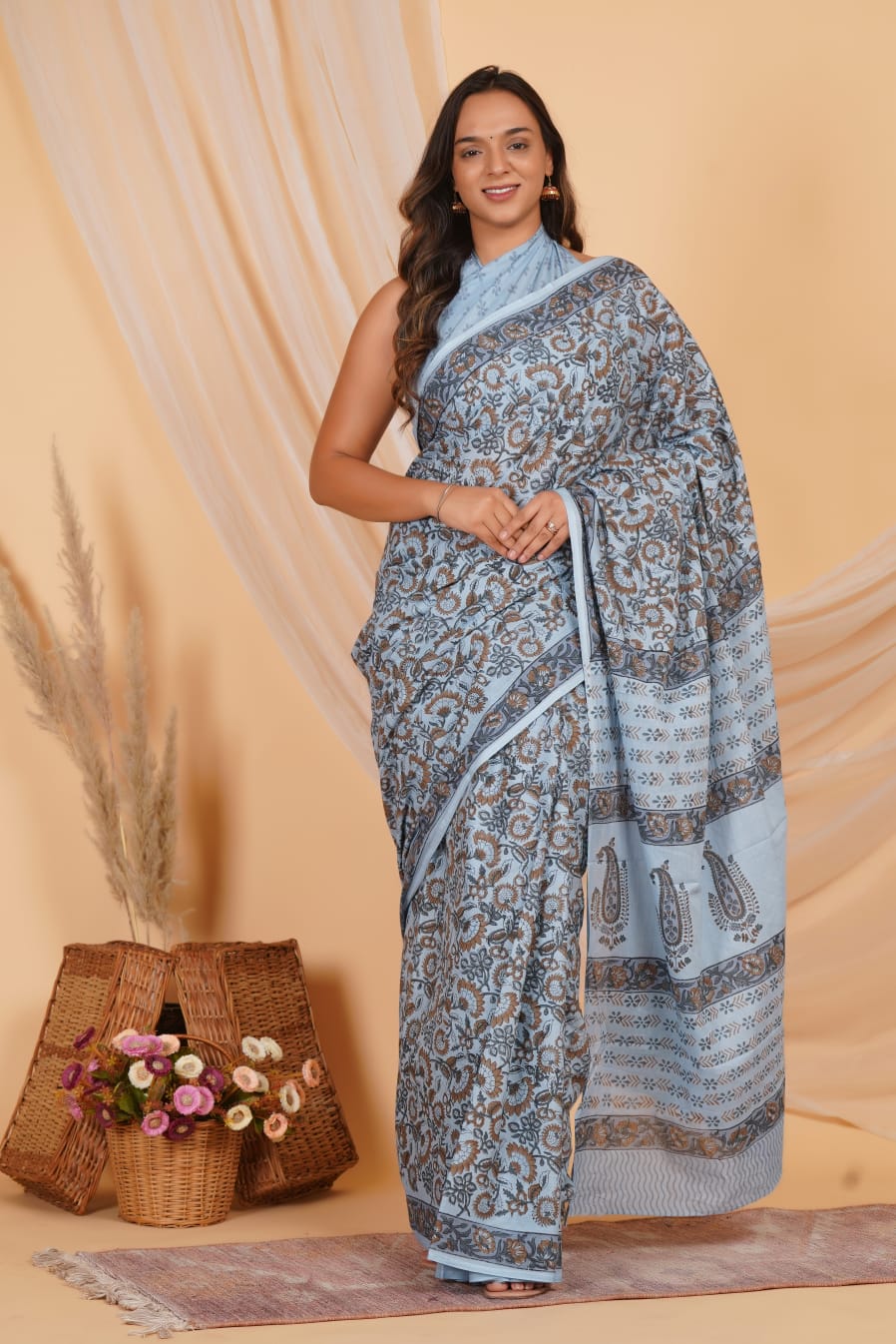 Serene Slate Blue Soft Cotton Saree