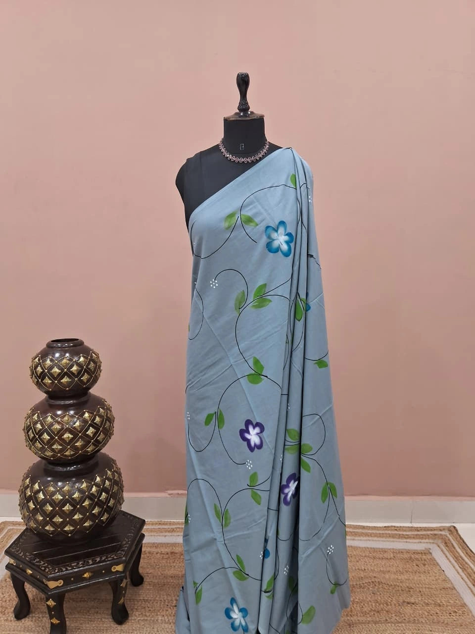 Elegant Grey Soft Cotton Drape Saree