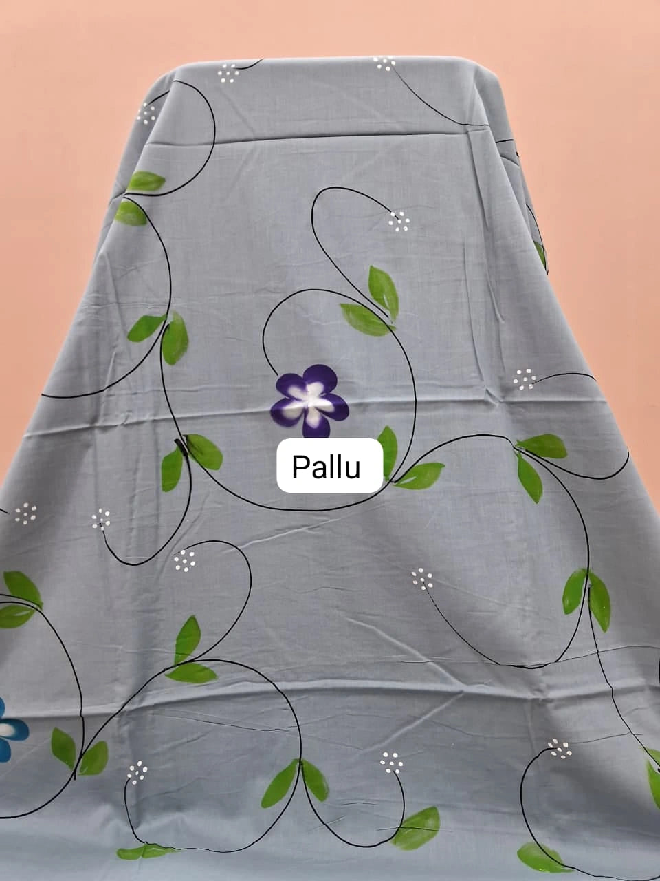 Elegant Grey Soft Cotton Drape Saree pallu