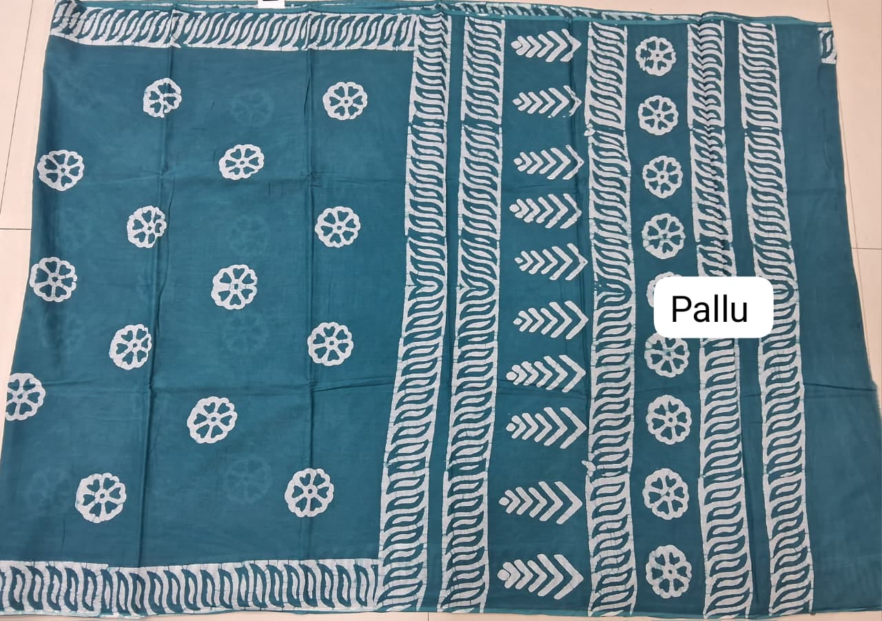 Teal Blue Soft Cotton Saree pallu