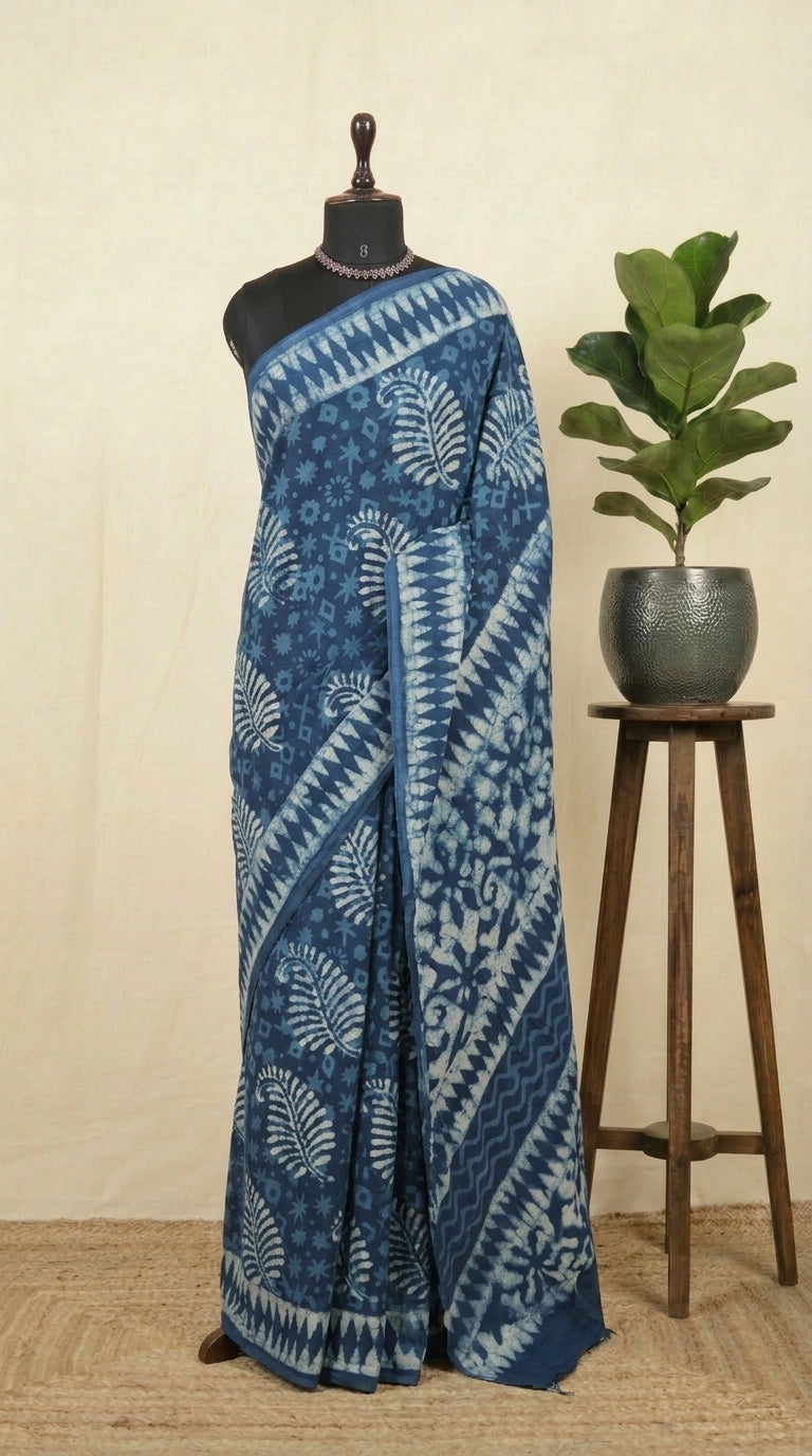 Indigo blue soft cotton saree