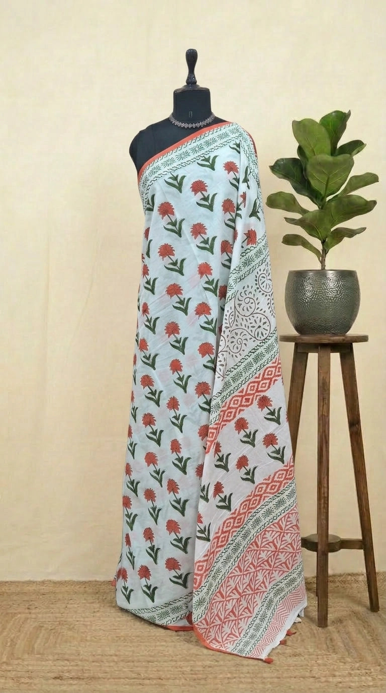 White soft cotton saree