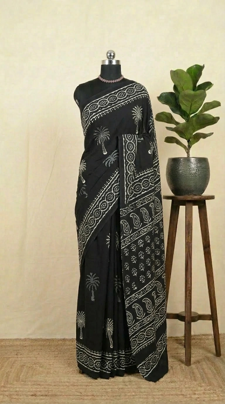 Black soft cotton saree