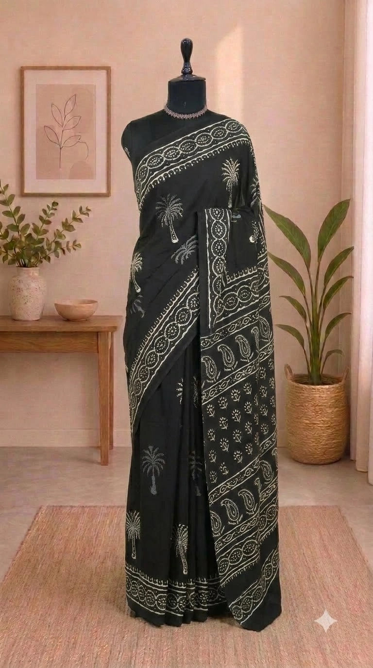 Black soft cotton saree