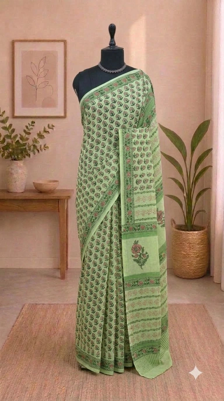 Pista green soft cotton saree