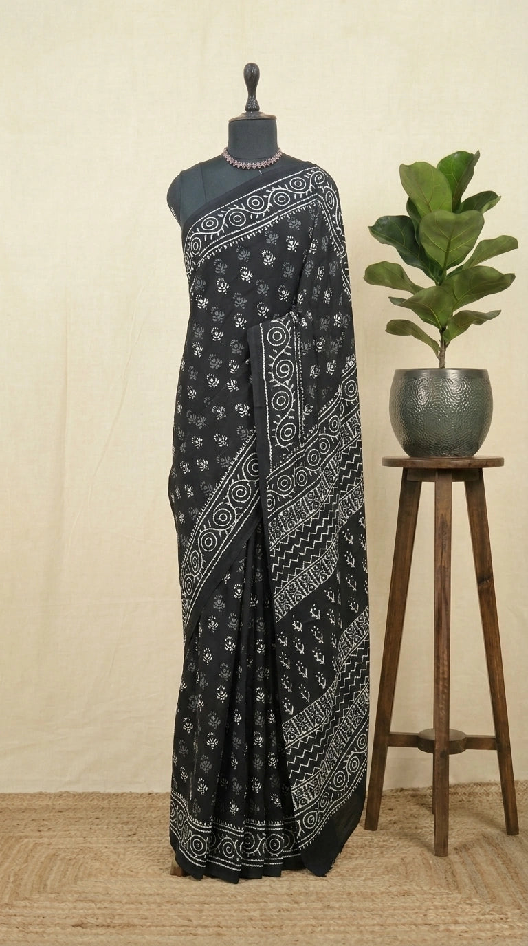 Elegant black soft cotton saree