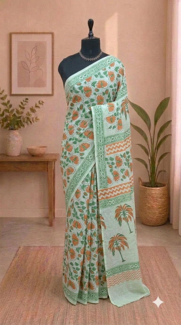 Pista green soft cotton saree