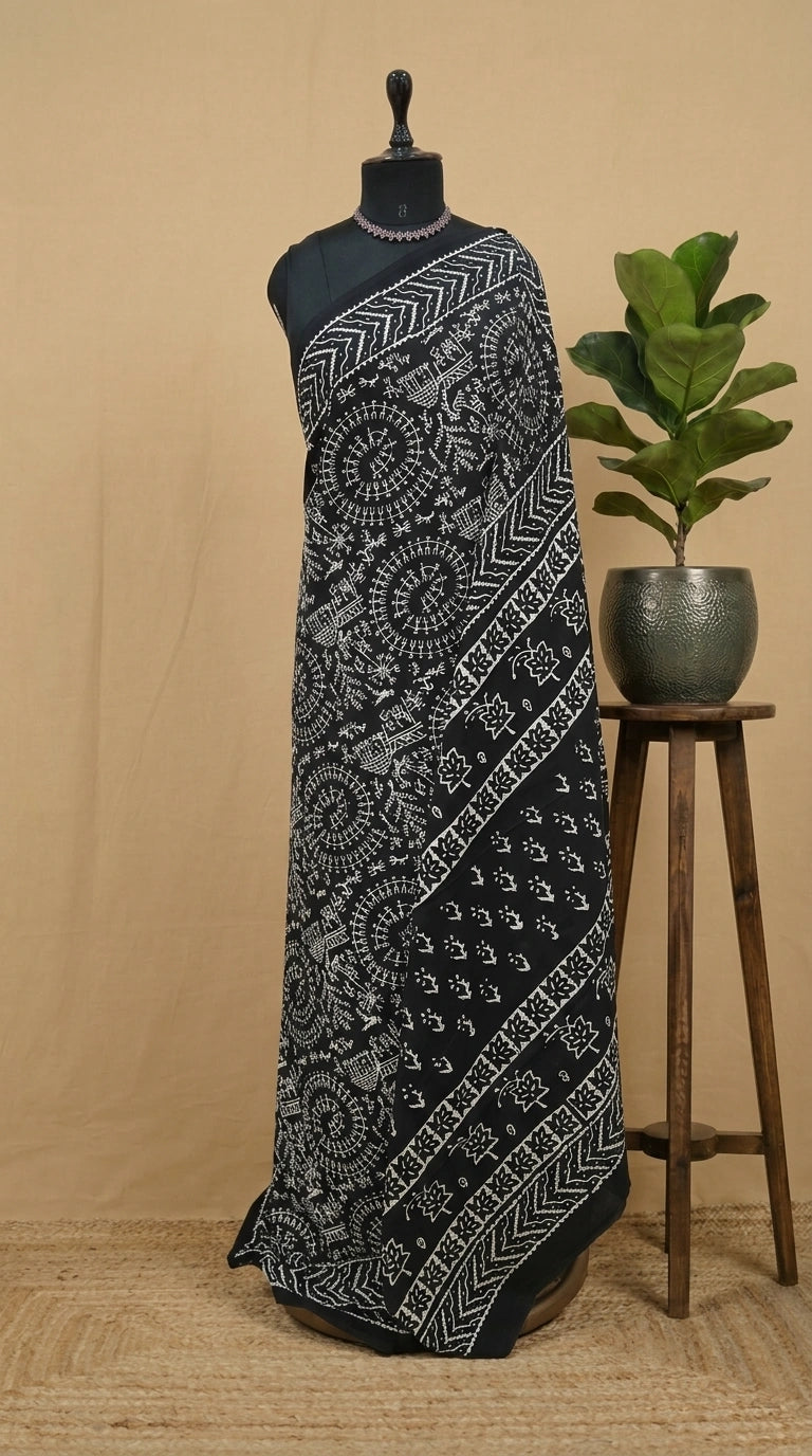 Elegant Pure black soft cotton saree