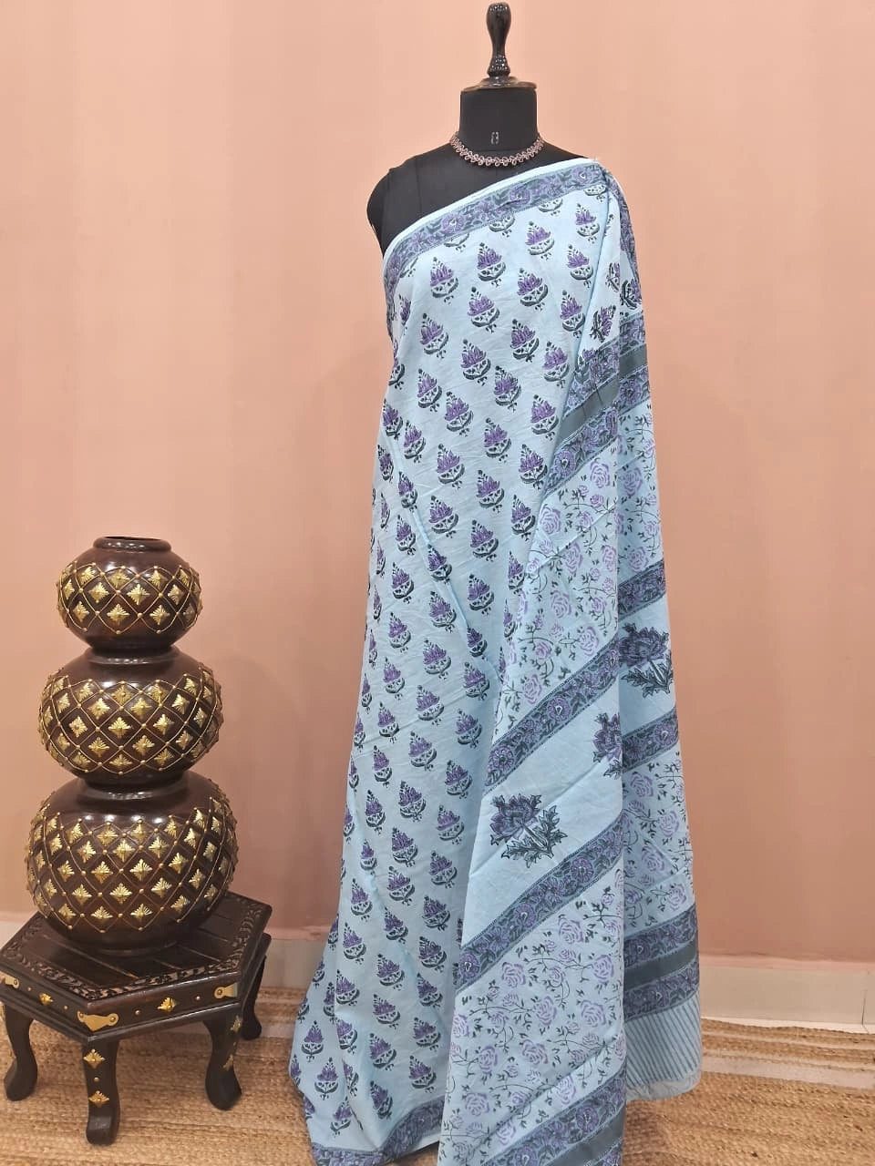 Baby blue soft cotton saree