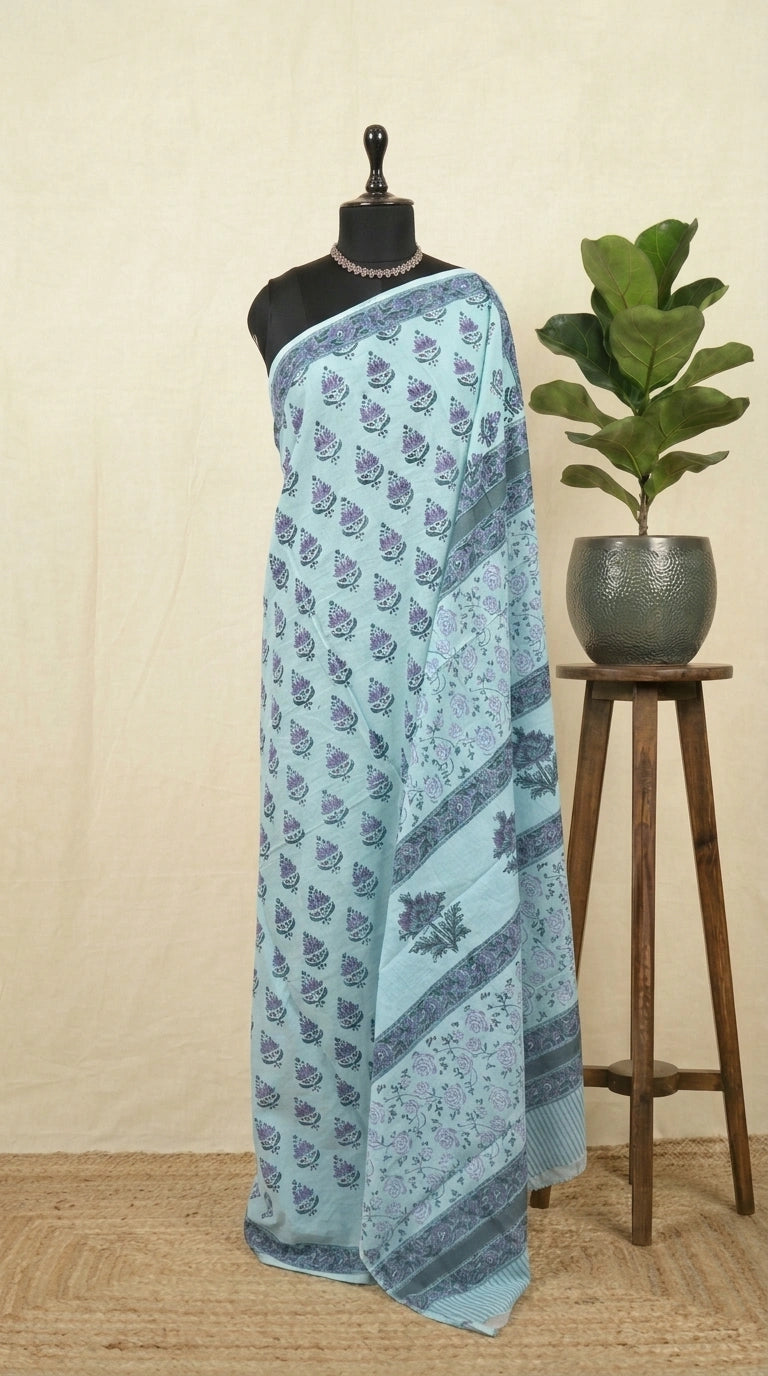 Baby blue soft cotton saree
