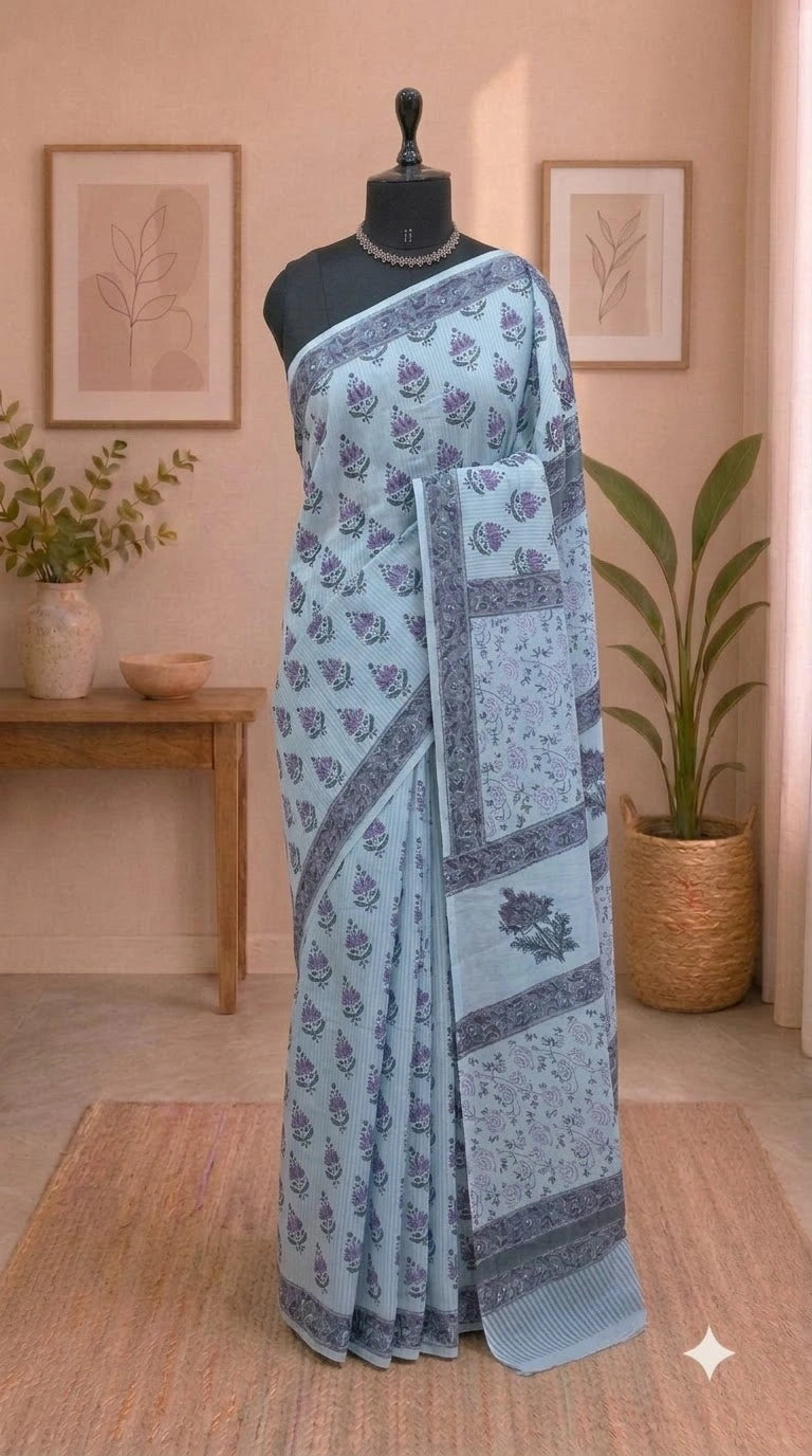 Baby blue soft cotton saree