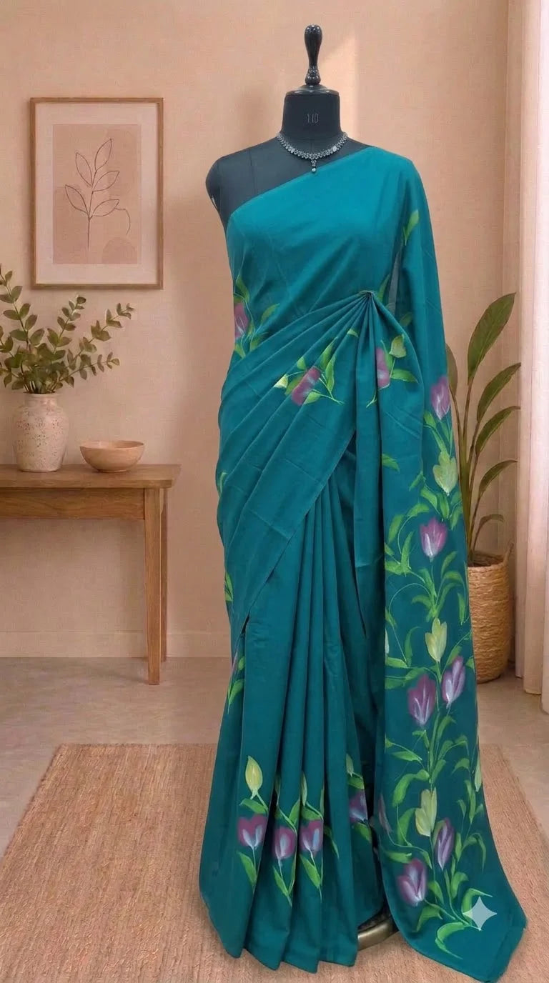 Teal Blue Soft Cotton Saree 