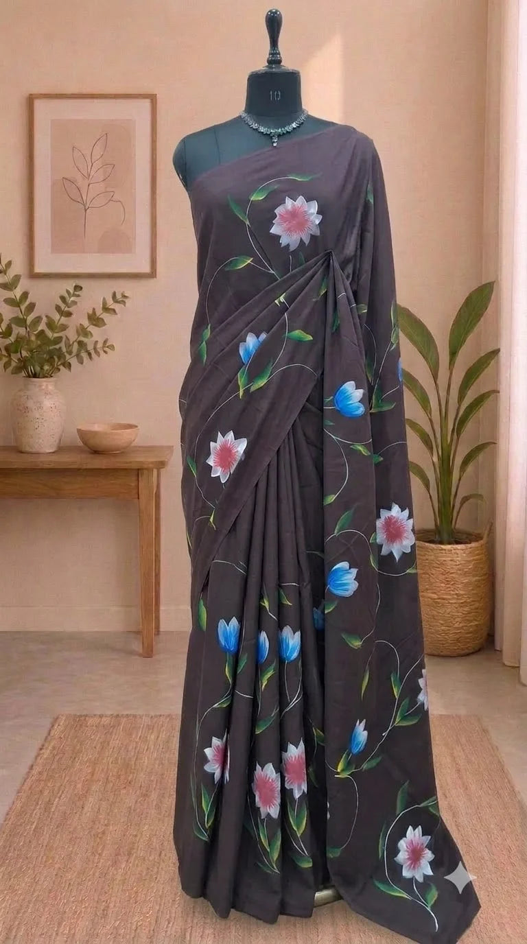 Dark Walnut Brown Soft Cotton Saree 