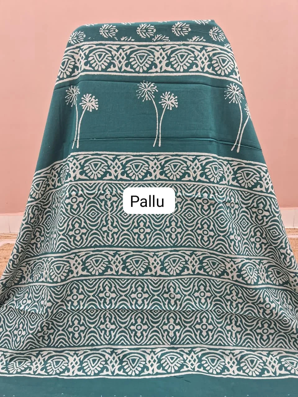 Teal Blue Soft Cotton Saree pallu