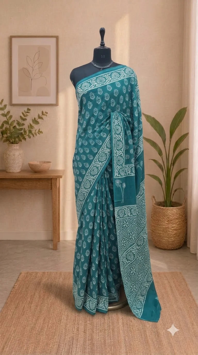 Teal Blue Soft Cotton Saree 