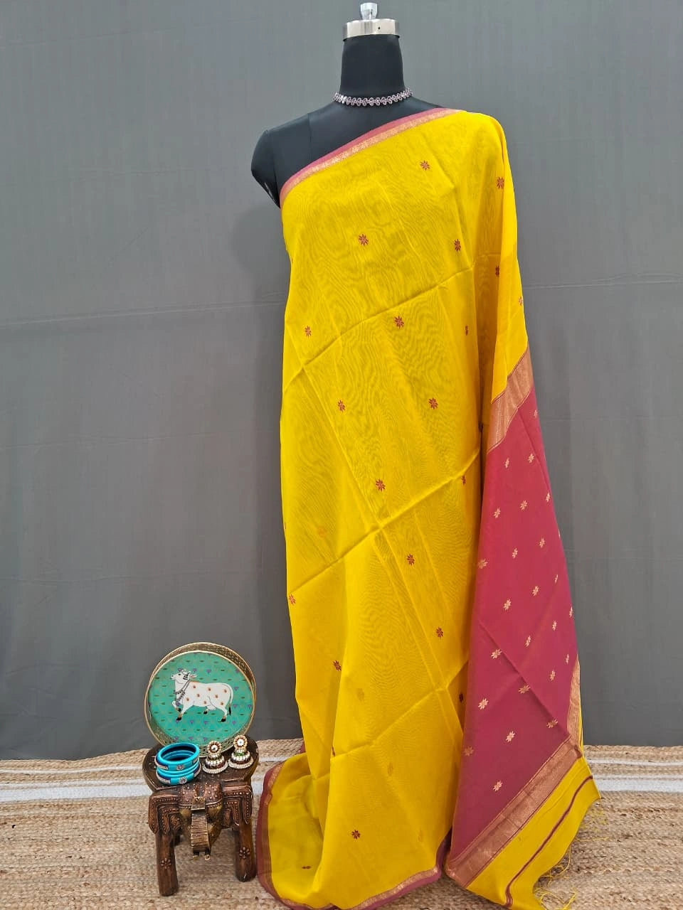 Mango yellow pure Maheshwari silk saree