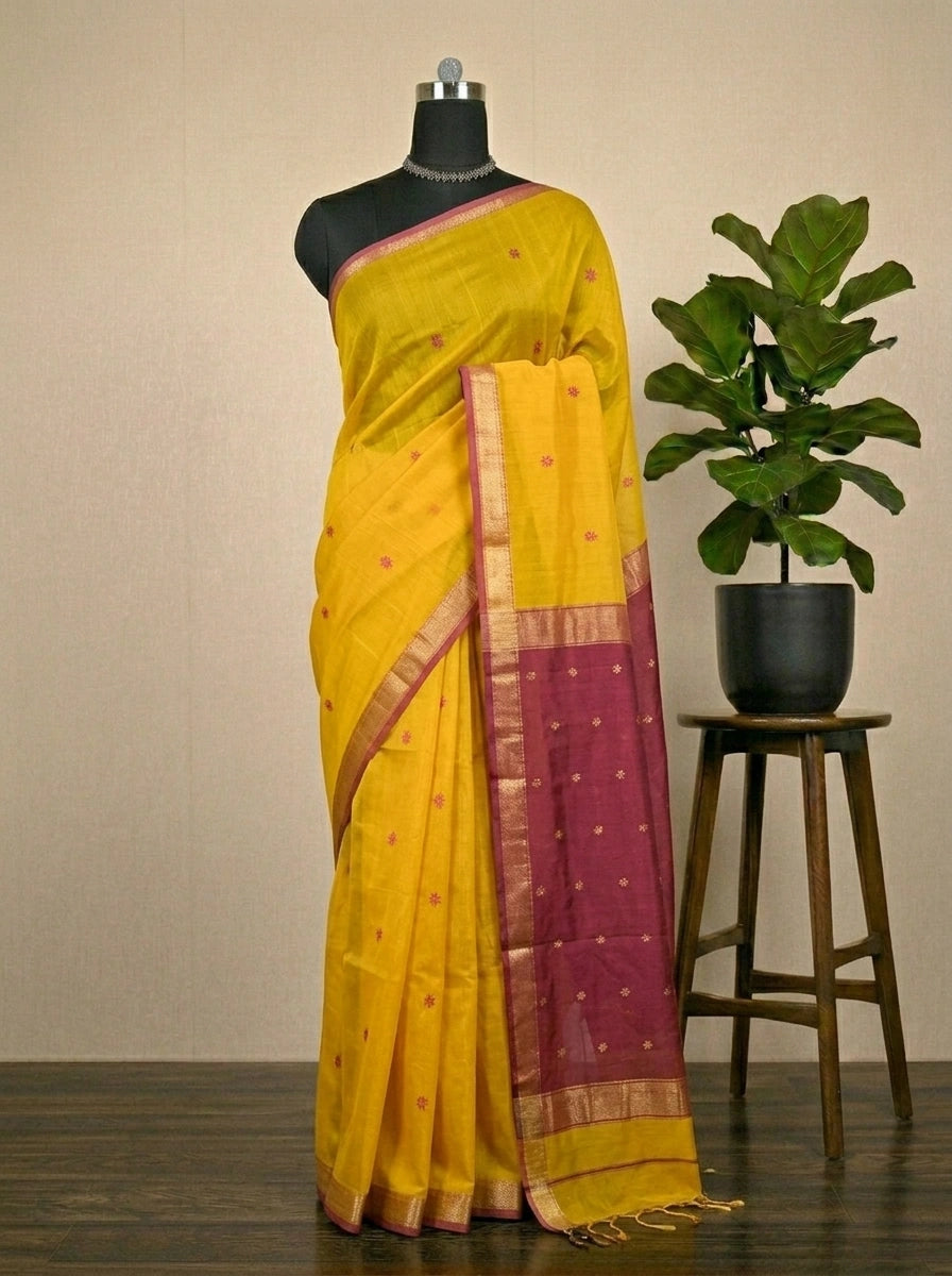Mango yellow pure Maheshwari silk saree