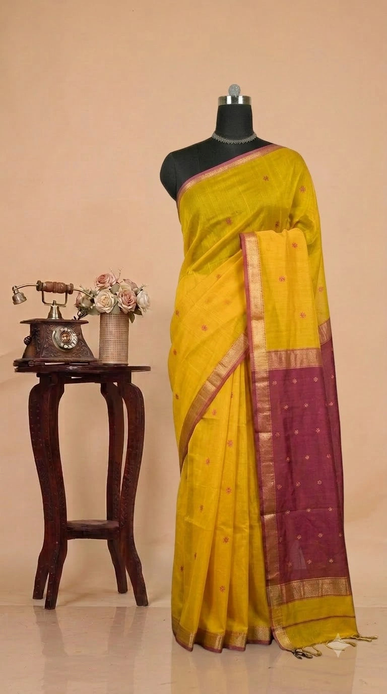 Mango yellow pure Maheshwari silk saree