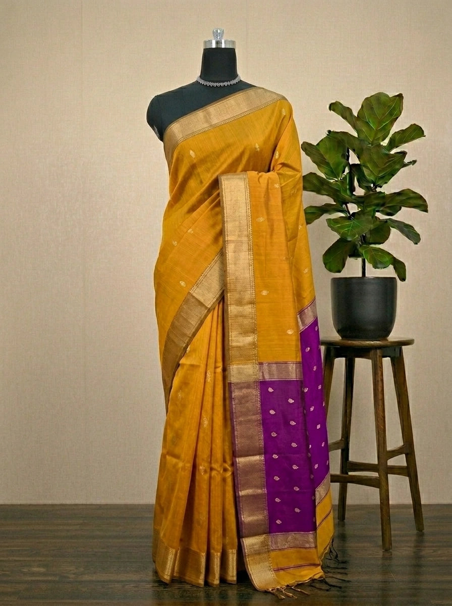 Premium Mustard Yellow Pure Maheshwari Silk Saree