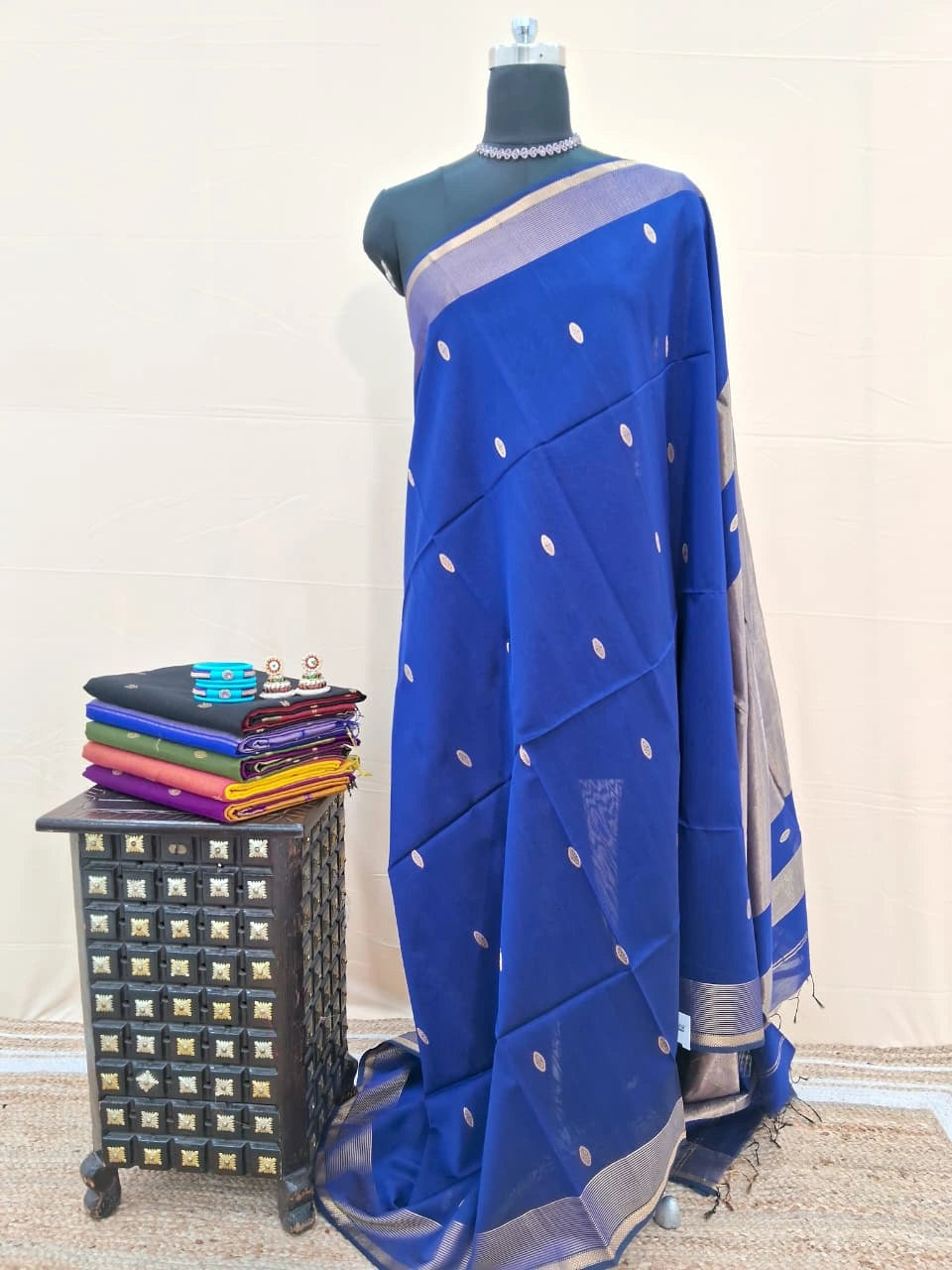 Navy Blue Pure Maheshwari Silk Saree