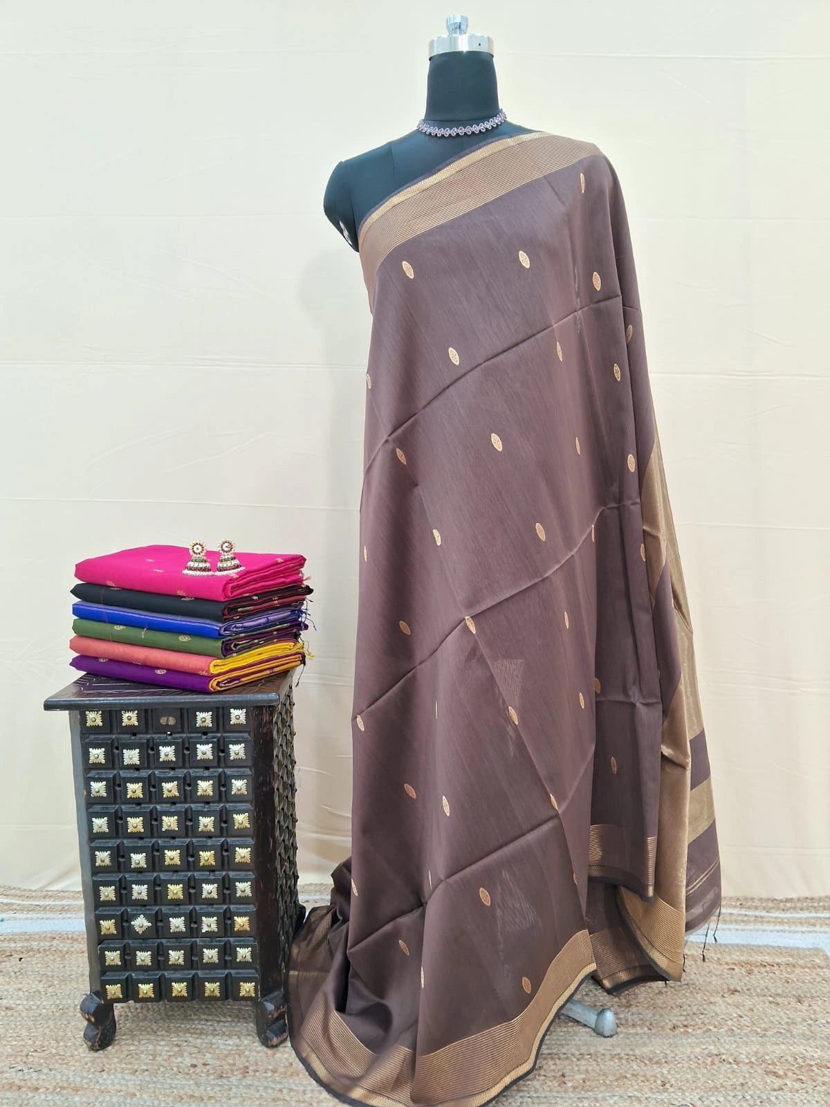 Chocolate Brown Pure Maheshwari Silk Saree