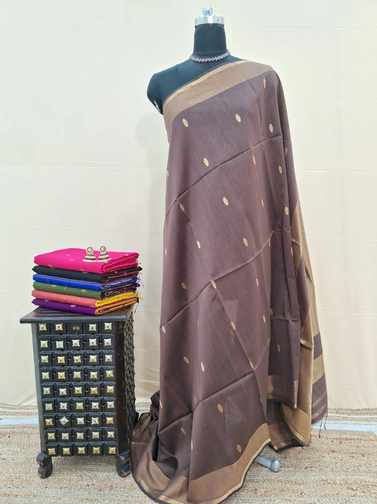Chocolate Brown Pure Maheshwari Silk Saree