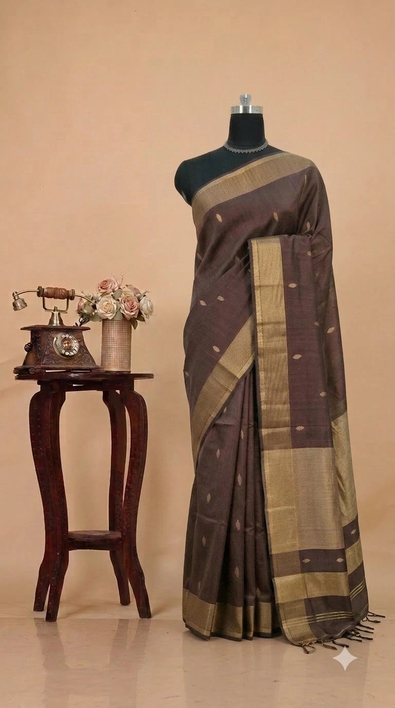 Chocolate Brown Pure Maheshwari Silk Saree