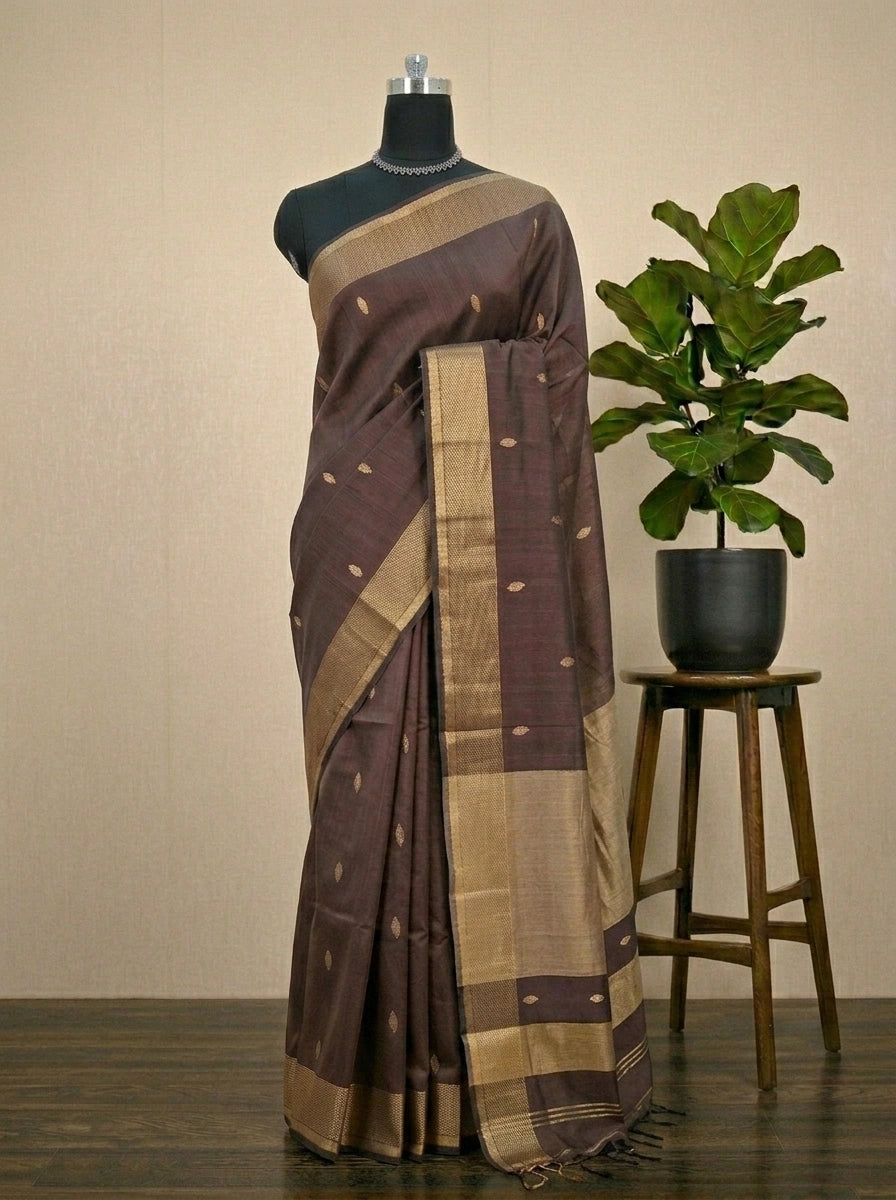 Chocolate Brown Pure Maheshwari Silk Saree