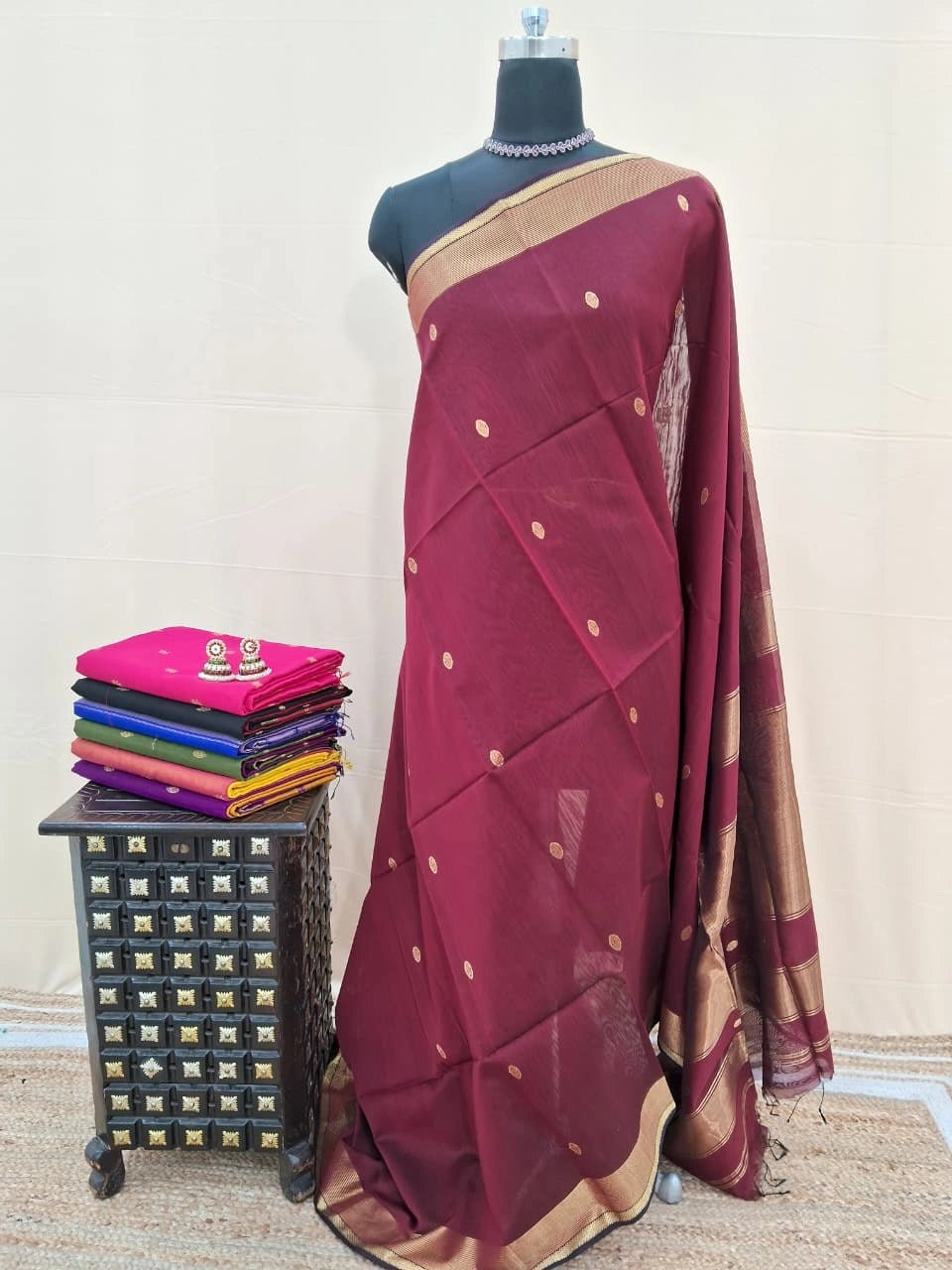 Maroon Pure Maheshwari Silk Saree