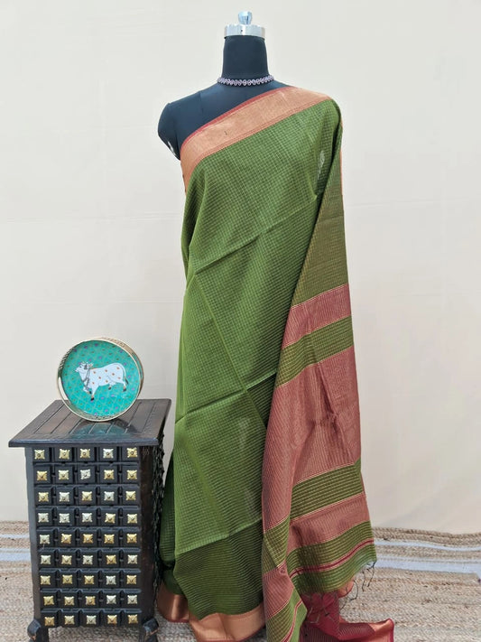 Grass Green Checked Pure Maheshwari Silk Saree