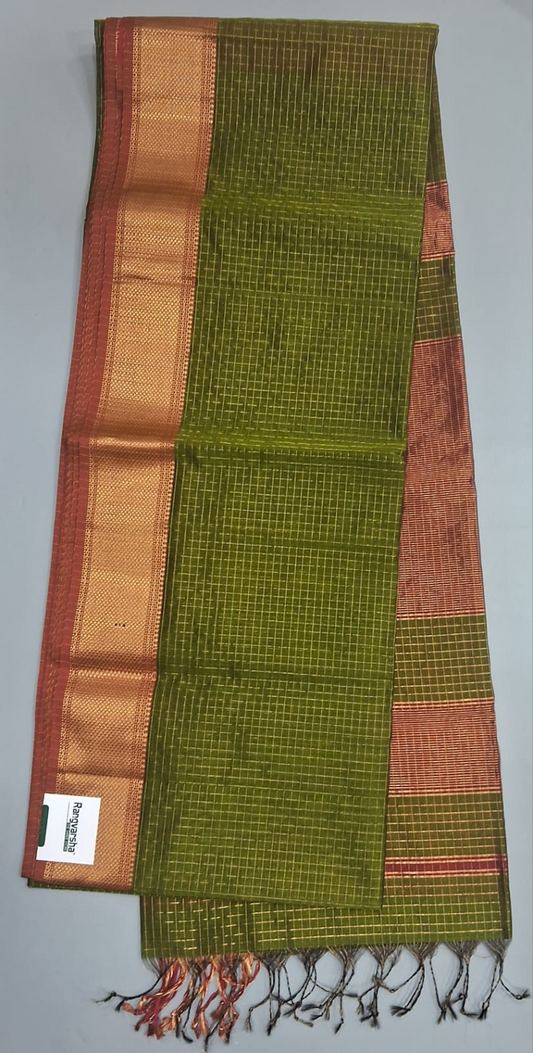 Grass Green Checked Pure Maheshwari Silk Saree 