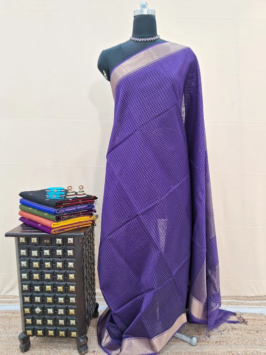 Purple Checked Pure Maheshwari Silk Saree