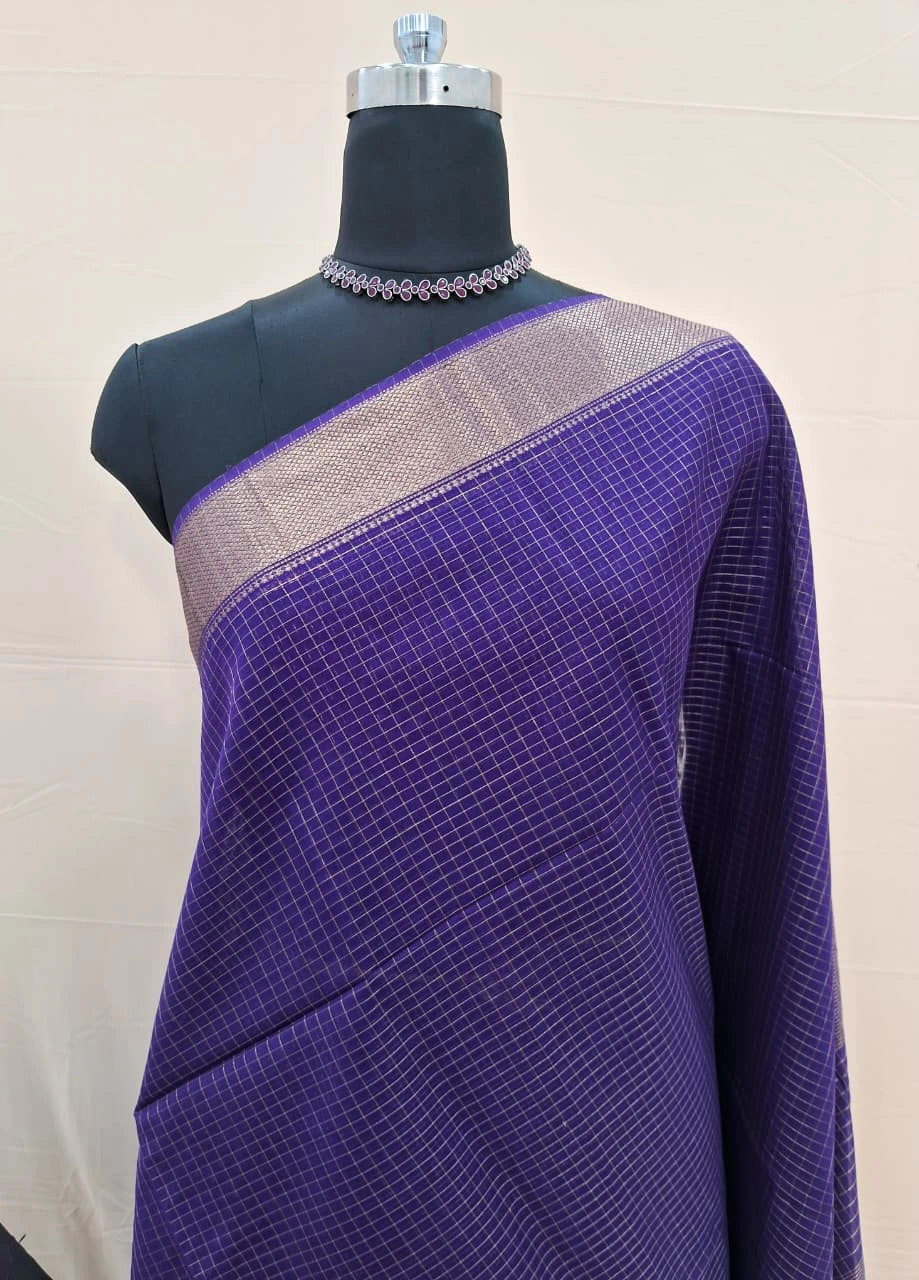 Purple Checked Pure Maheshwari Silk Saree 1