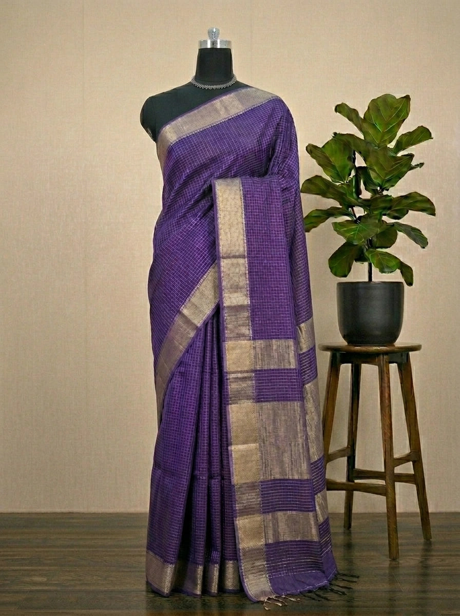 Purple Checked Pure Maheshwari Silk Saree