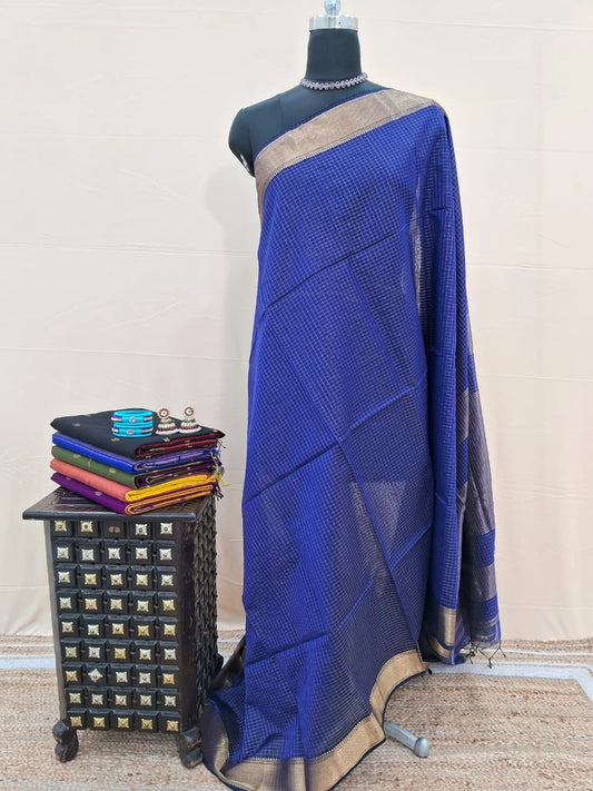 Navy Blue Checked Pure Maheshwari Silk Saree