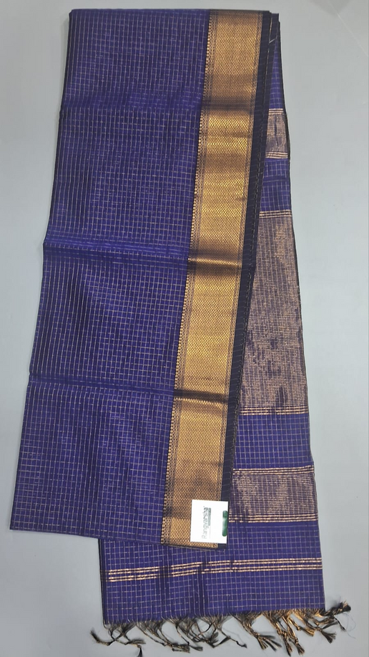 Navy Blue Checked Pure Maheshwari Silk Saree