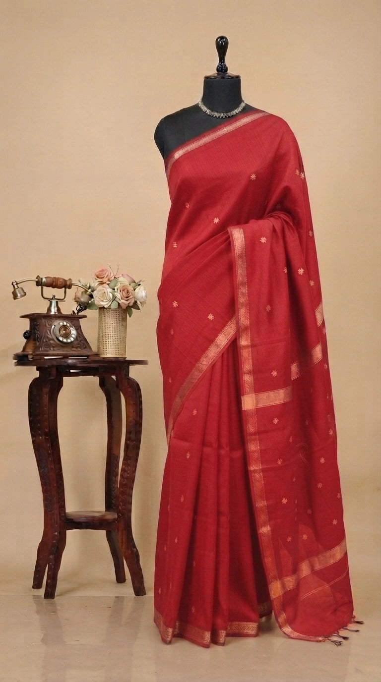 Tomato red pure Maheshwari silk saree 