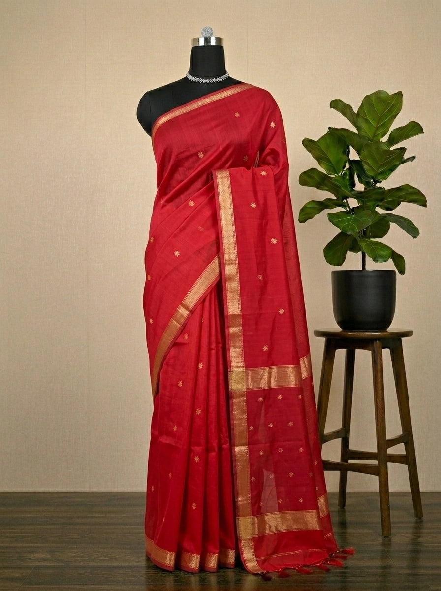 Tomato red pure Maheshwari silk saree 