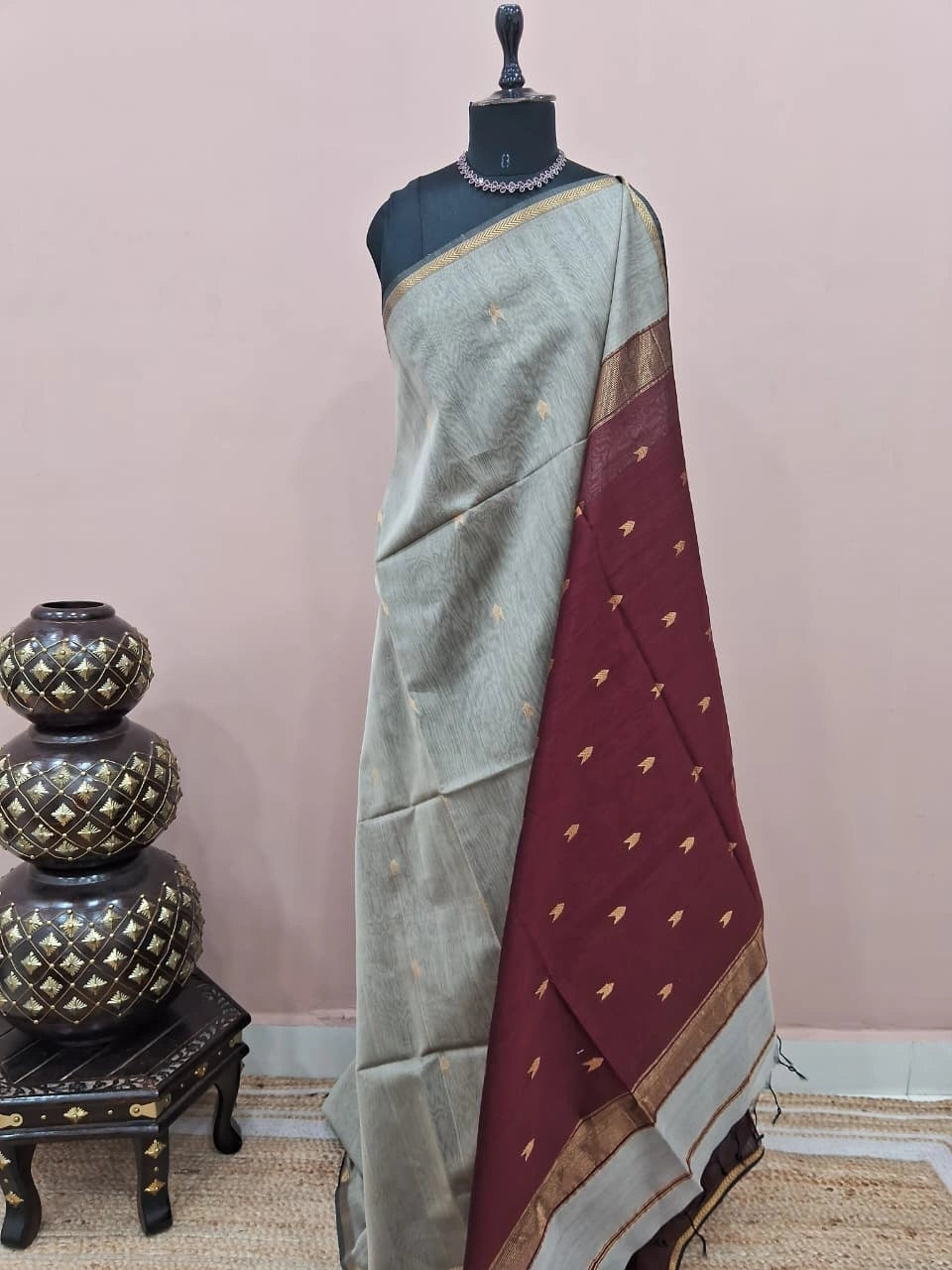 Metal Grey Pure Maheshwari Silk Saree