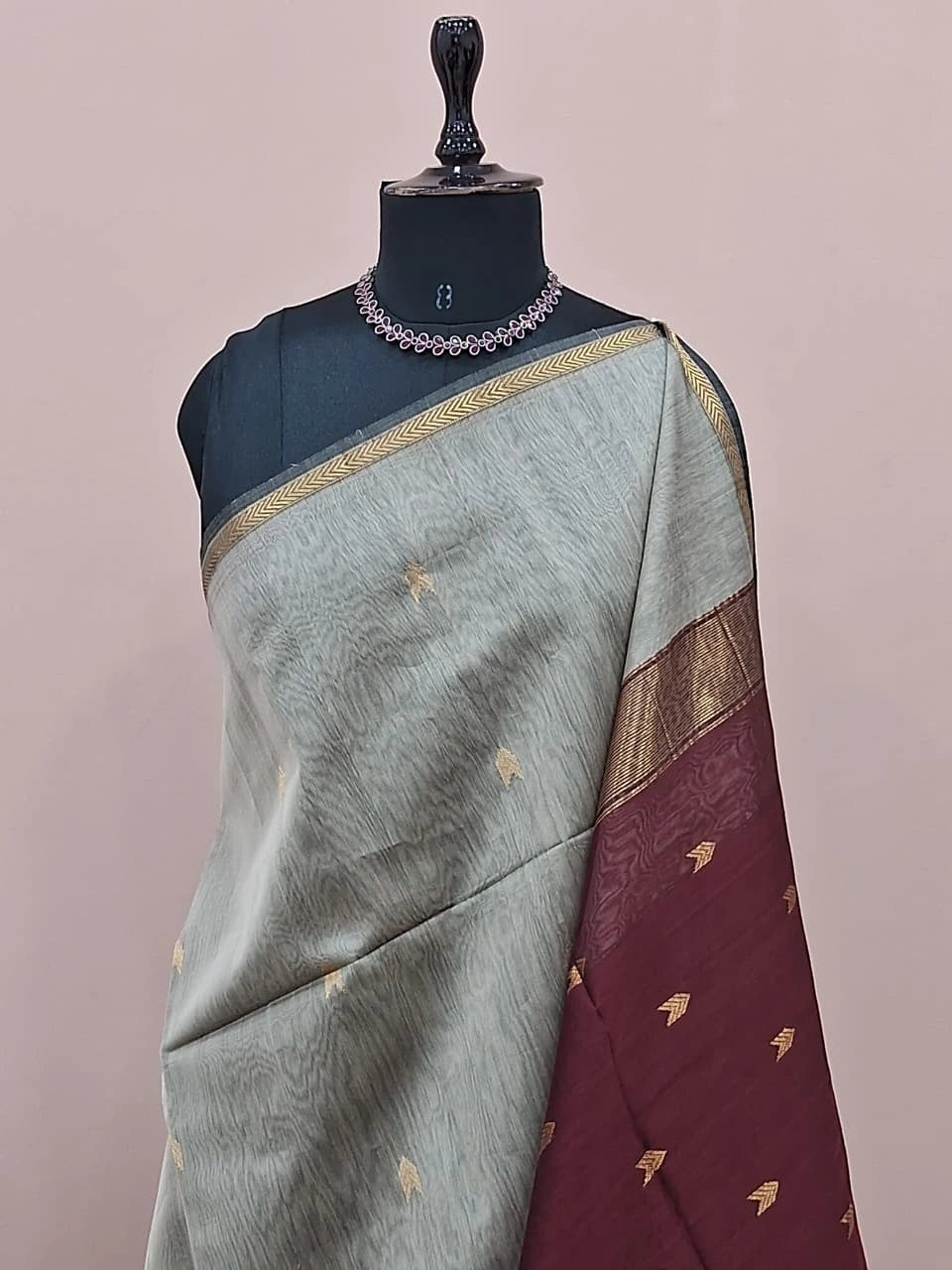 Metal Grey Pure Maheshwari Silk Saree 1