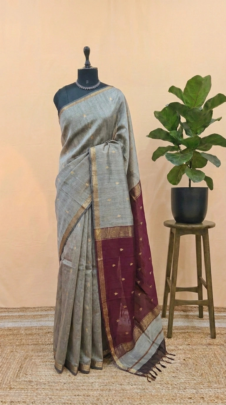 Metal Grey Pure Maheshwari Silk Saree